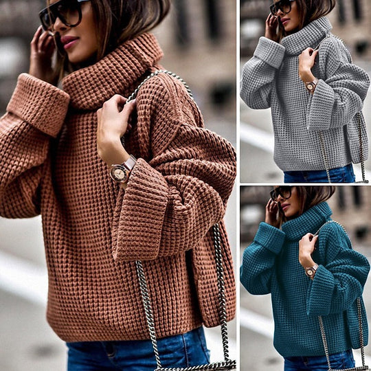 Damen Oversized Strickpullover mit hohem Kragen und strukturiertem Gewebe EB