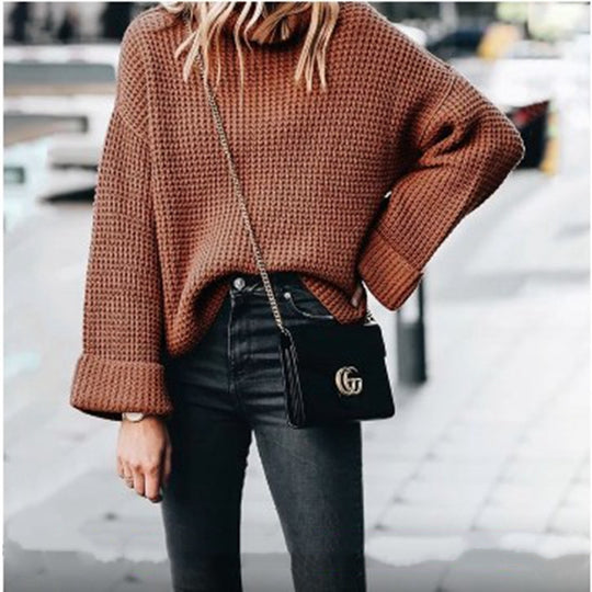 Damen Oversized Strickpullover mit hohem Kragen und strukturiertem Gewebe EB