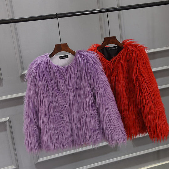 Damen Luxuriöser Kunstpelzjacke mit voluminösem Kragen EB