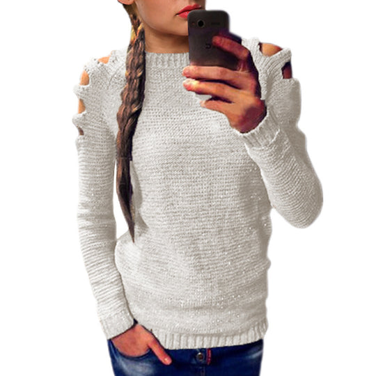 Damen modischer Strickpullover mit offenen Schultern und raffinierten Details EB