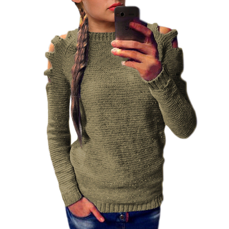 Damen modischer Strickpullover mit offenen Schultern und raffinierten Details EB