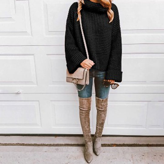 Damen Oversized Strickpullover mit hohem Kragen und strukturiertem Design EB