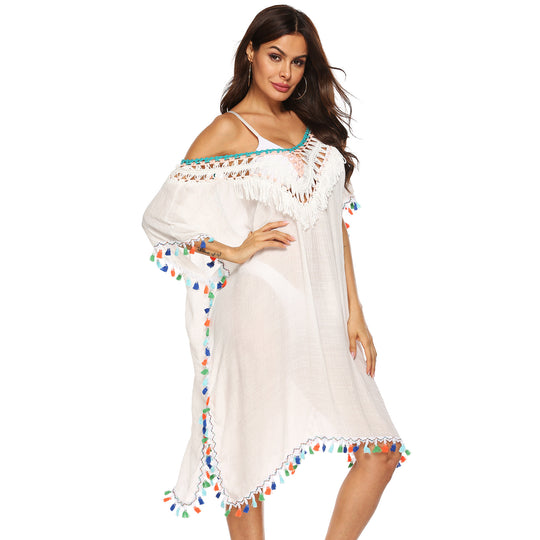 Damen Strandkaftan mit buntem Quastenrand EB