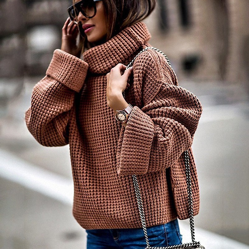 Damen Grobstrickpullover mit voluminösen Ärmeln und hohem Kragen EB