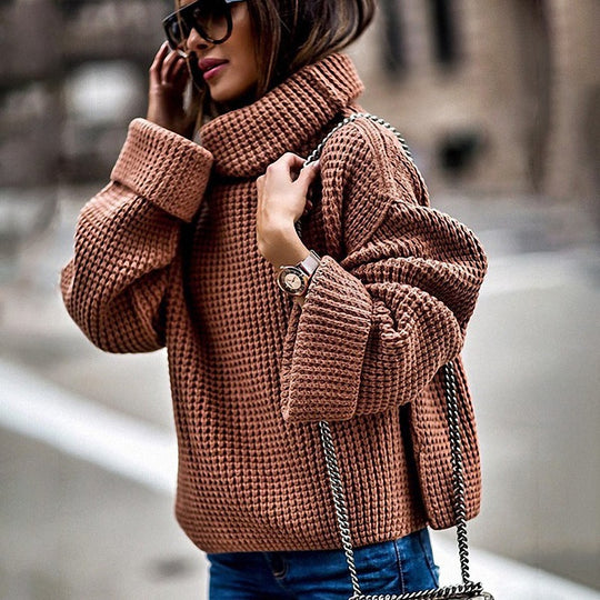 Damen Grobstrickpullover mit voluminösen Ärmeln und hohem Kragen EB