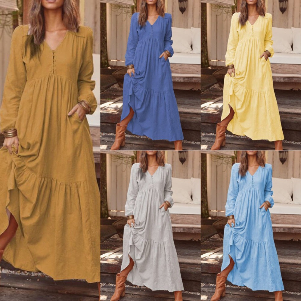 Damen nan luftiges Maxikleid mit V-Ausschnitt, langen Ärmeln und seitlichen Taschen EB
