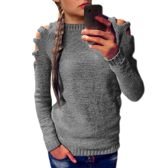 Damen modischer Strickpullover mit offenen Schultern und raffinierten Details EB