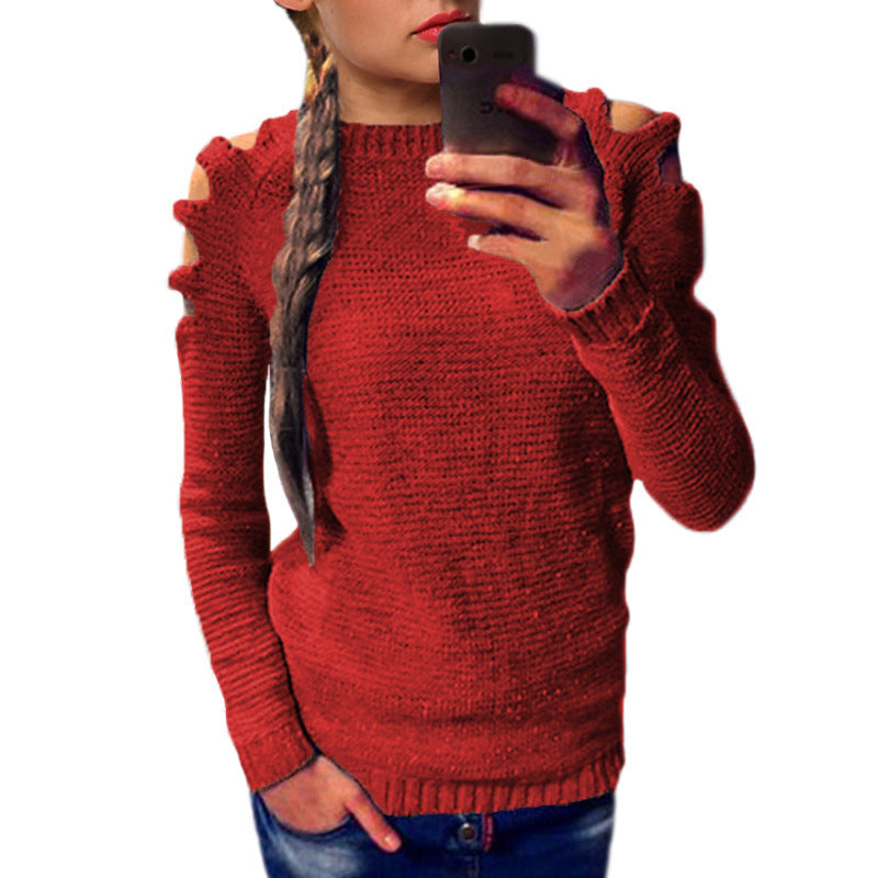 Damen modischer Strickpullover mit offenen Schultern und raffinierten Details EB