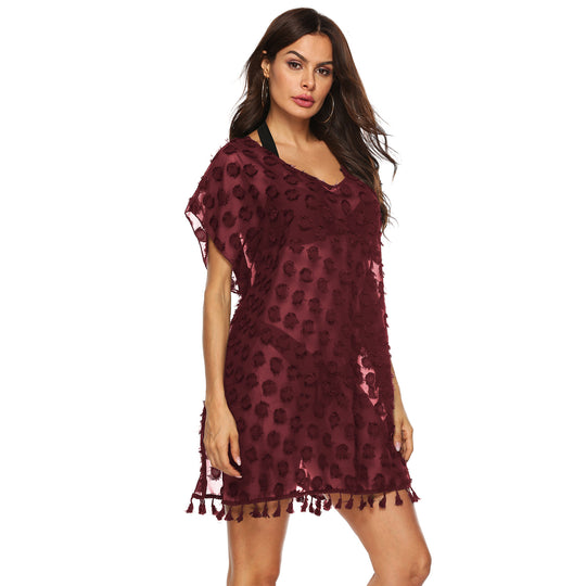 Damen eleganter Transparenter Strandüberwurf mit fransiger Verzierung EB