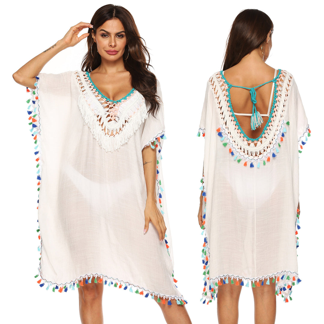 Damen Strandkaftan mit buntem Quastenrand EB