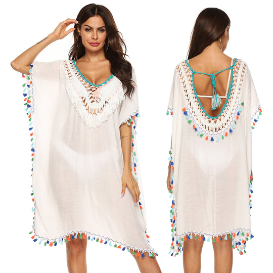 Damen Strandkaftan mit buntem Quastenrand EB