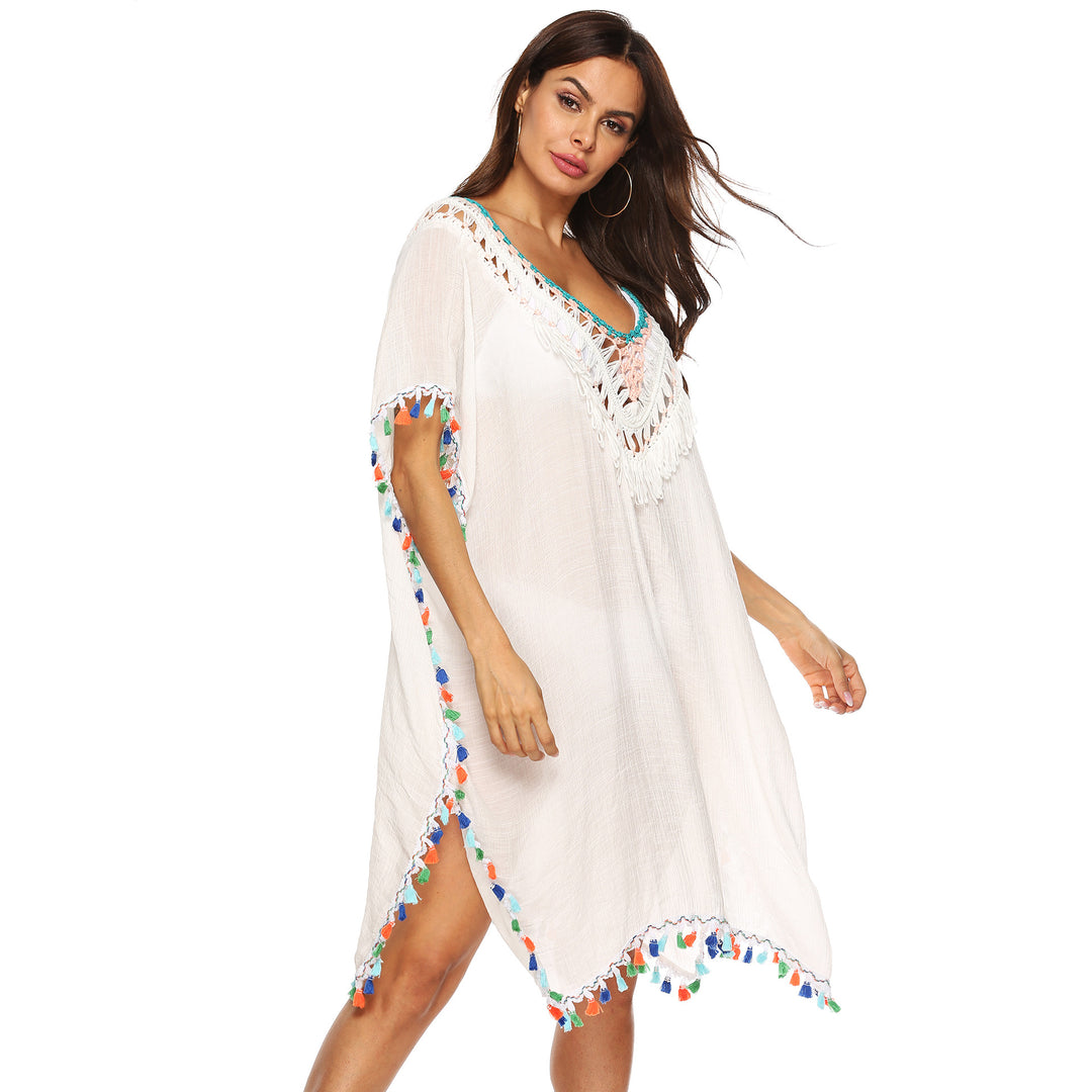 Damen Strandkaftan mit buntem Quastenrand EB