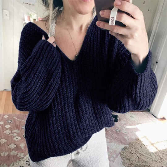 Damen Grobstrickpullover mit lässigem V-Ausschnitt und weiten Ärmeln EB
