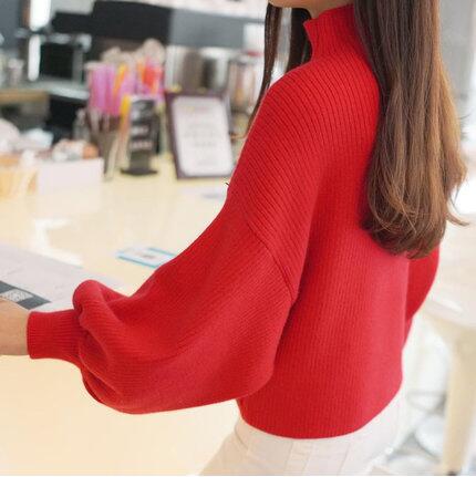 Damen Pullover mit voluminösen Ärmelabschlüssen und hohem Kragen EB