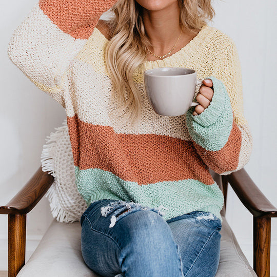 Damen lässiger Pullover mit modernen Streifen und weitem Schnitt EB