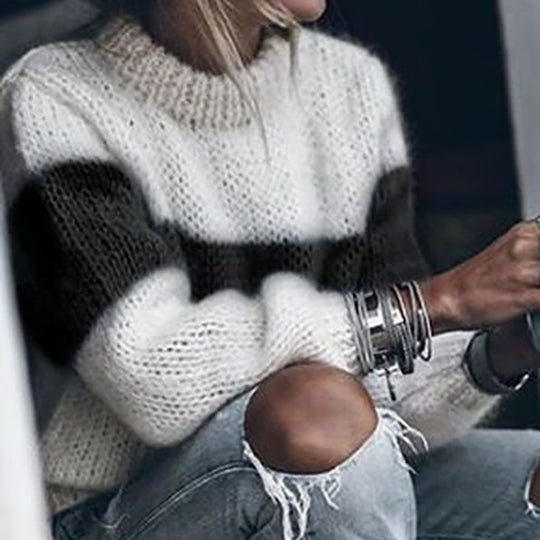 Damen modischer Strickpullover mit einzigartigen Farbdesigns und voluminösen Ärmeln EB