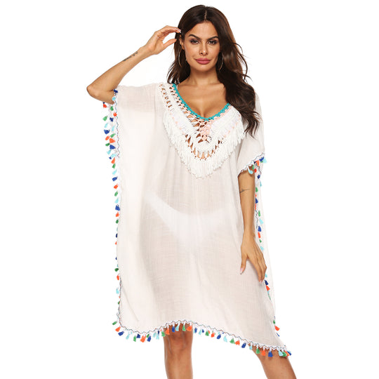 Damen Strandkaftan mit buntem Quastenrand EB