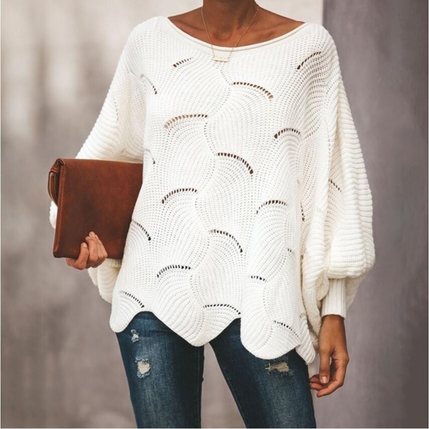 Damen Oversize Strickpullover mit romantischem Wellenmuster EB