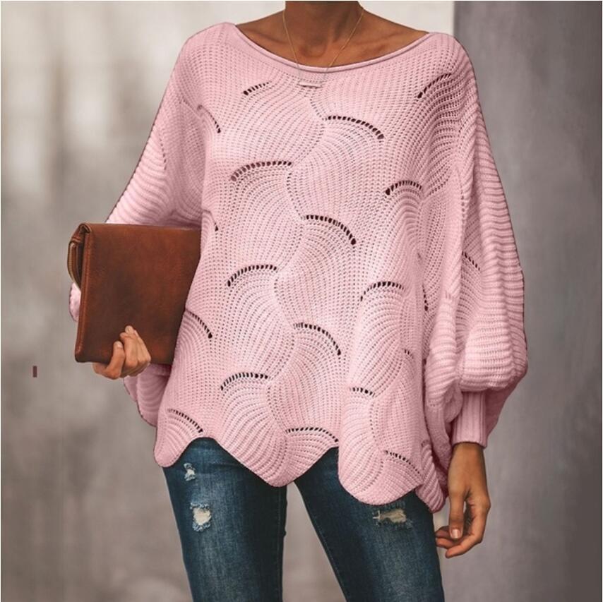 Damen Oversize Strickpullover mit romantischem Wellenmuster EB