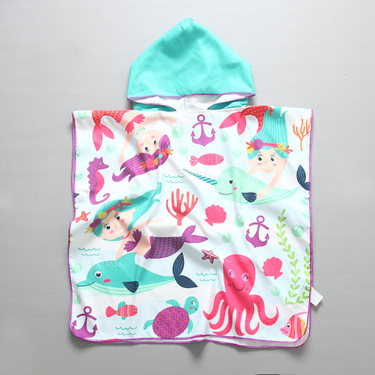 Kinder Strandponcho mit Kapuze und maritimem Design EB