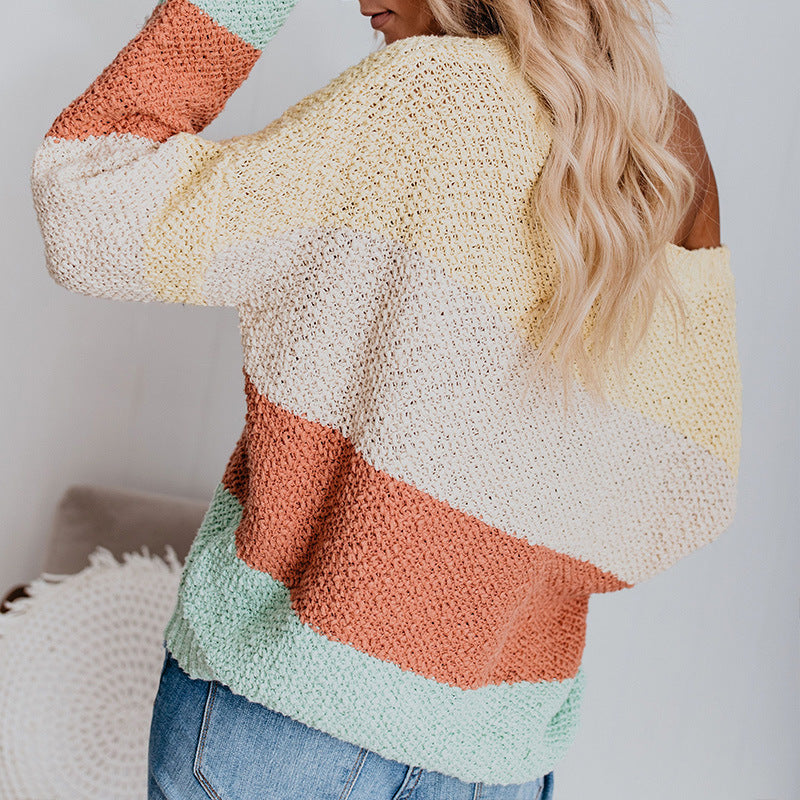 Damen Lässiger Strickpullover mit buntem Farbblockdesign und weitem Schnitt EB