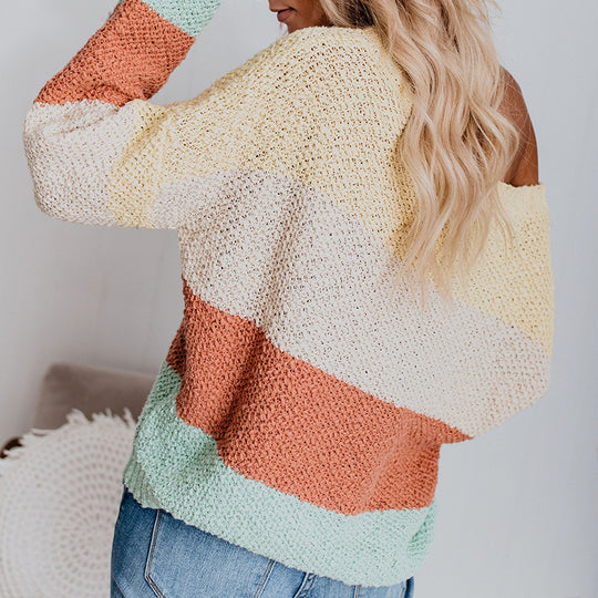 Damen Lässiger Strickpullover mit buntem Farbblockdesign und weitem Schnitt EB