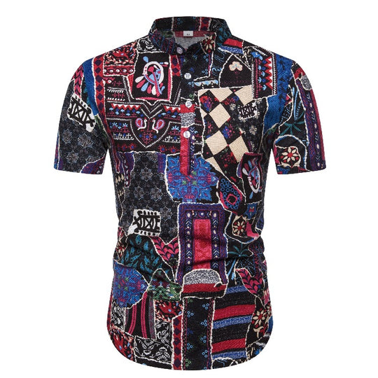 Herren Kurzarmhemd mit buntem Patchwork-Muster EB