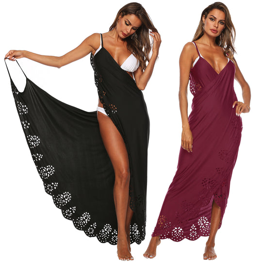 Damen elegantes Maxikleid mit filigranem Lochmuster EB