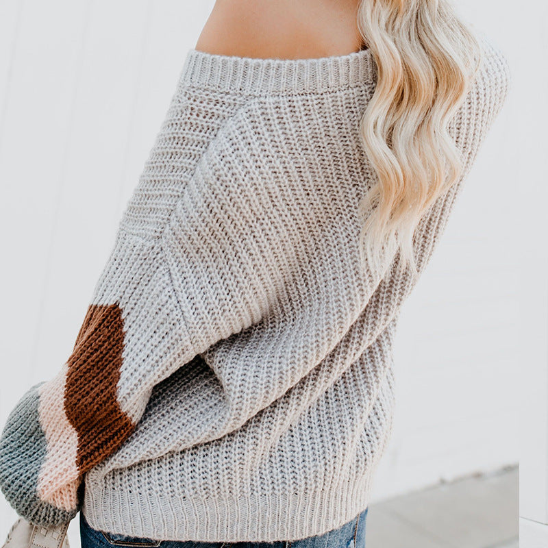 Damen eleganter V-Ausschnitt Strickpullover mit kontrastierenden Ärmeln EB