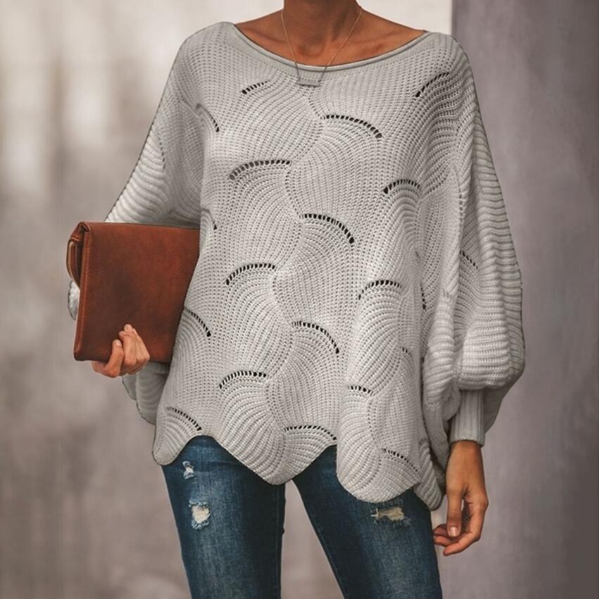 Damen Oversize Strickpullover mit romantischem Wellenmuster EB