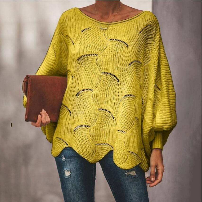 Damen Oversize Strickpullover mit romantischem Wellenmuster EB