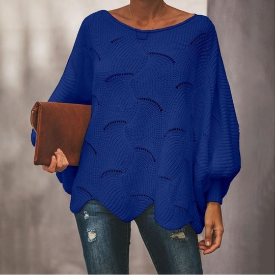 Damen Oversize Strickpullover mit romantischem Wellenmuster EB