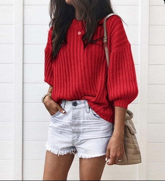 Damen modischer Strickpullover mit weiten Ärmeln und strukturiertem Design EB