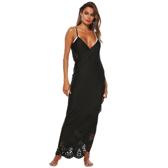 Damen elegantes Maxikleid mit filigranem Lochmuster EB