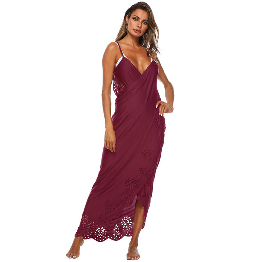 Damen elegantes Maxikleid mit filigranem Lochmuster EB