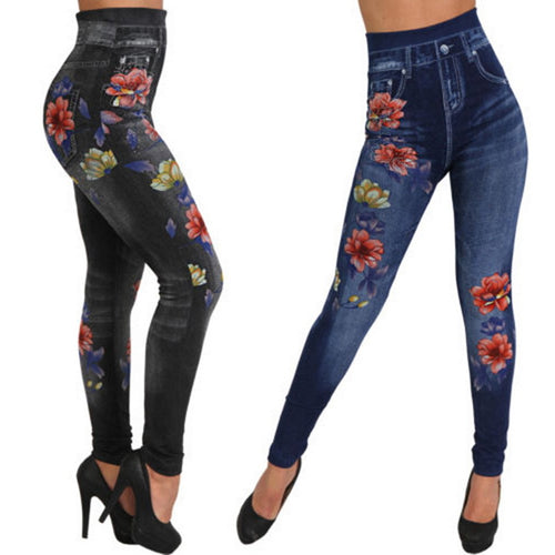Damen High-Waist Jeansleggings mit floralen Applikationen EB