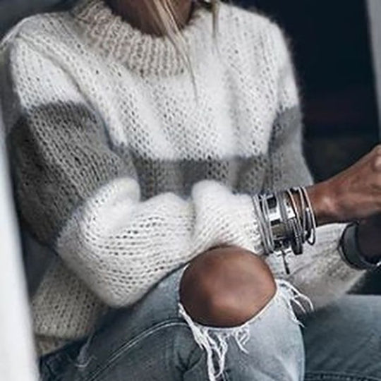 Damen gemütlicher Strickpullover mit modernem Lochmuster EB