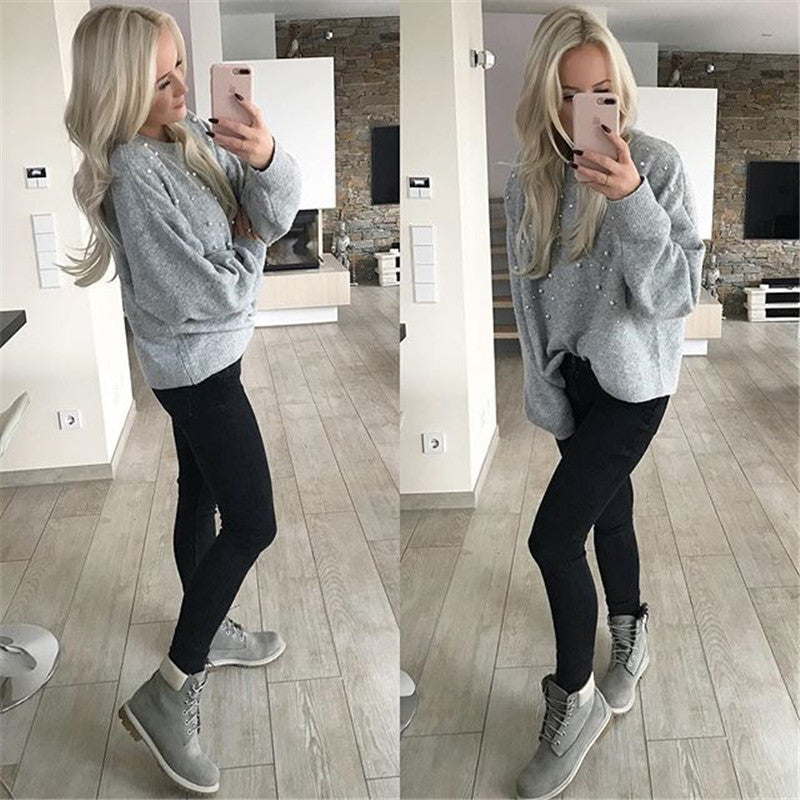 Damen modischer Strickpullover mit Perlendekoren und lässigem Schnitt EB