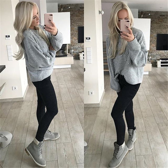 Damen modischer Strickpullover mit Perlendekoren und lässigem Schnitt EB