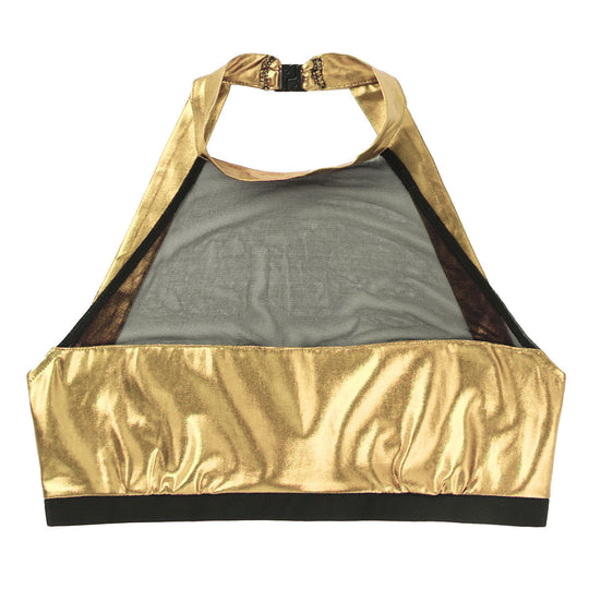 Damen Sportlicher Crop-Top aus glänzendem Material mit dekorativen Rüschen EB