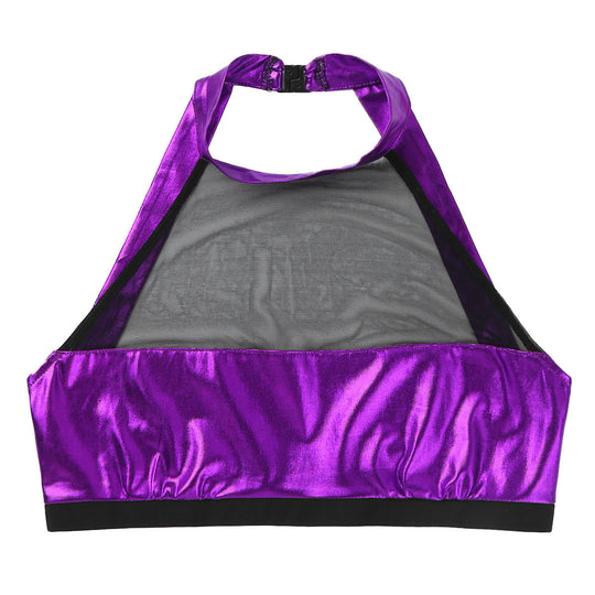 Damen Sportlicher Crop-Top aus glänzendem Material mit dekorativen Rüschen EB