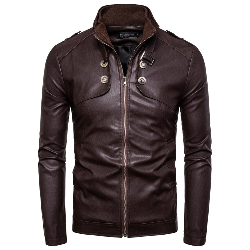 Herren modische Kunstlederjacke mit asymmetrischem Reißverschluss und Steppnähten EB