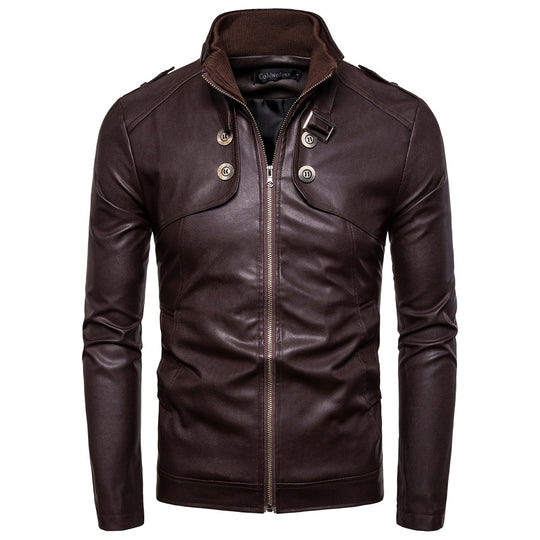 Herren modische Kunstlederjacke mit asymmetrischem Reißverschluss und Steppnähten EB