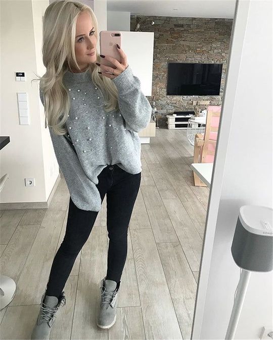 Damen modischer Strickpullover mit Perlendekoren und lässigem Schnitt EB