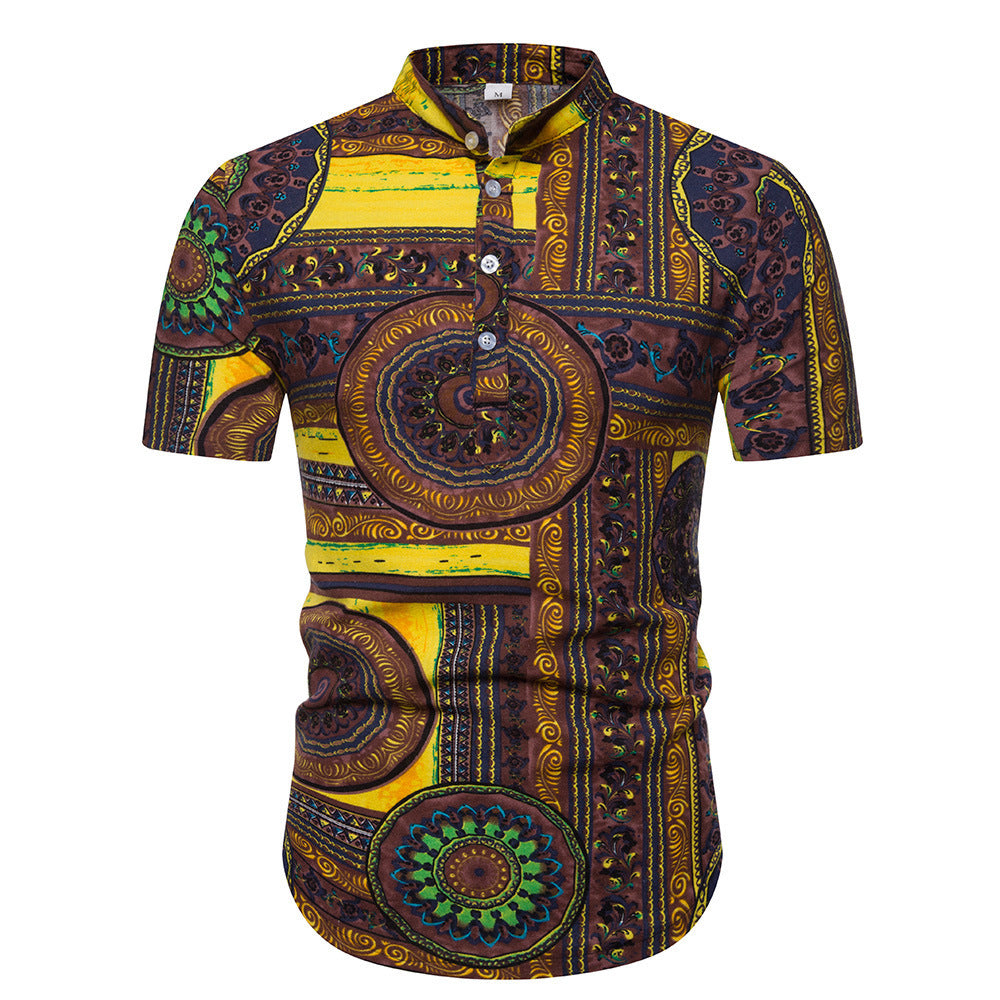 Herren Kurzarmhemd mit kreativem Ethno-Muster und modernem Henley-Ausschnitt EB