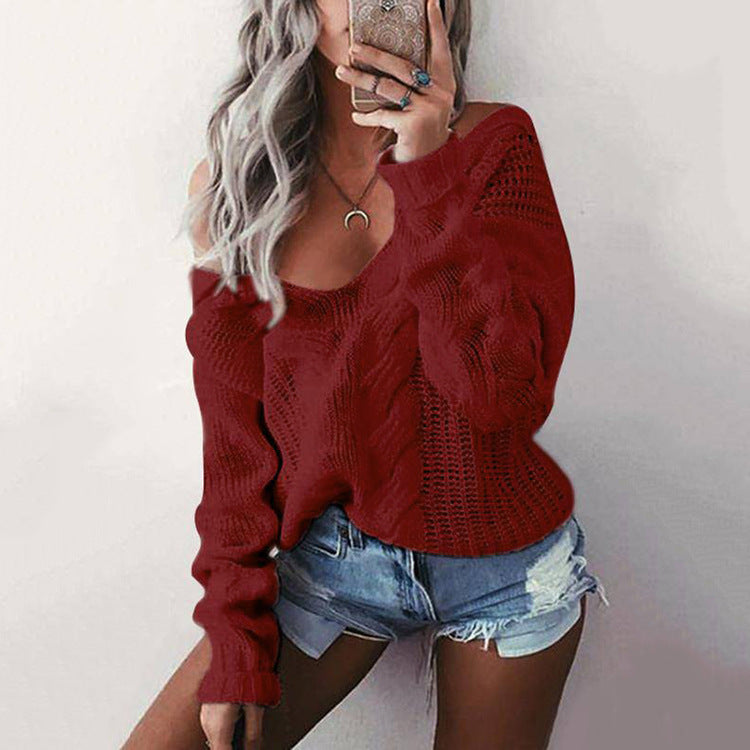 Damen Grobstrickpullover mit offener Schulter und Details aus Lochmuster EB