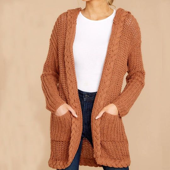 Damen lässige Strickjacke mit Kapuze und strukturiertem Design EB