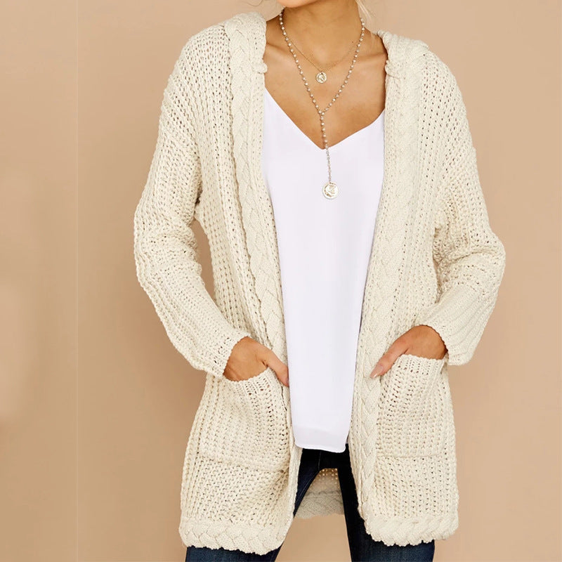 Damen lässige Strickjacke mit Kapuze und strukturiertem Design EB