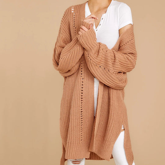 Damen Grobstrick Pullover mit weitem Schnitt und seitlichen Schlitzen EB