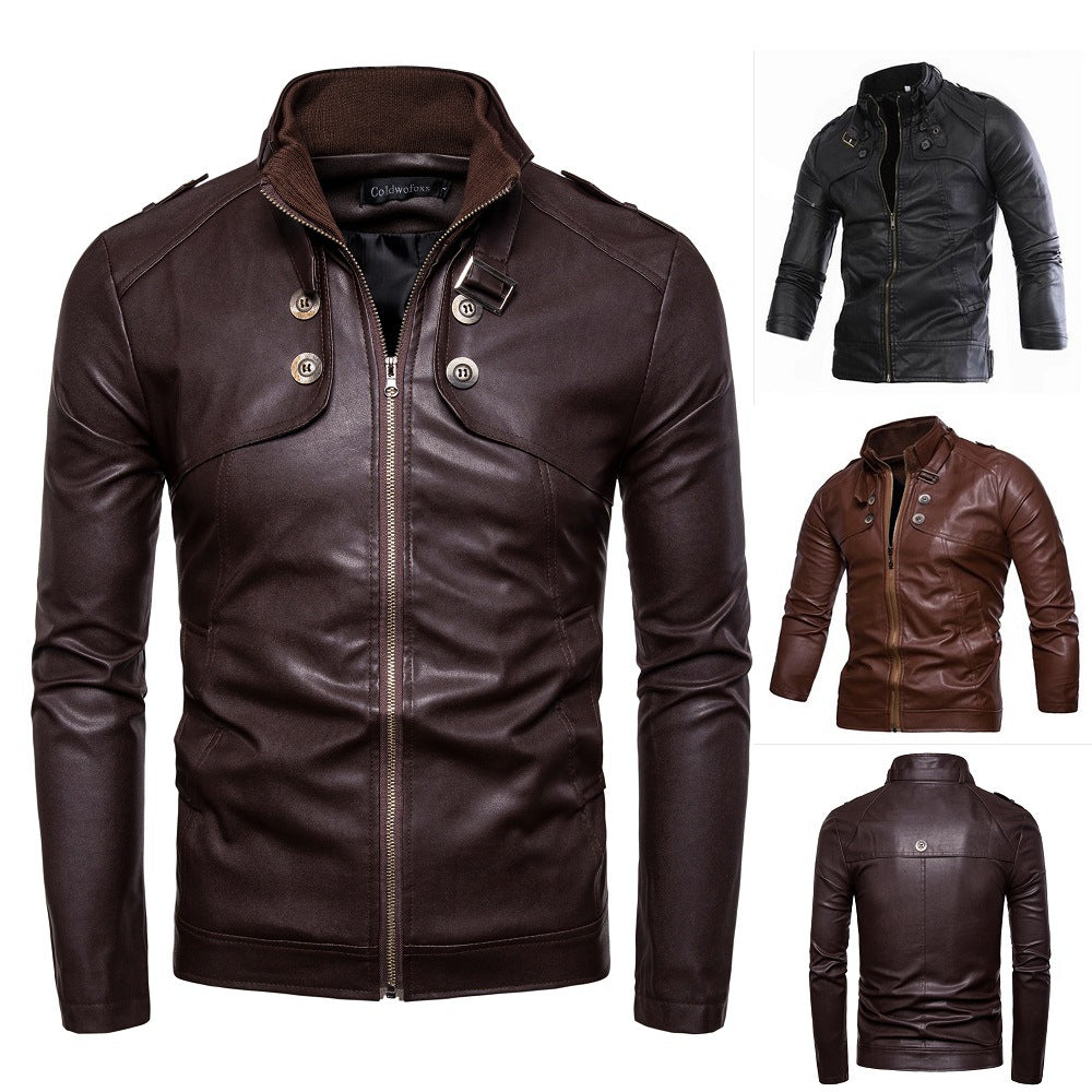 Herren modische Kunstlederjacke mit asymmetrischem Reißverschluss und Steppnähten EB